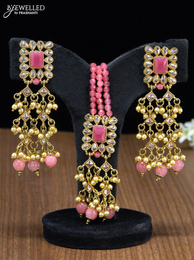 Kundan necklace with peach pink beads hangings and maang tikka - {{ collection.title }} by Prashanti Sarees