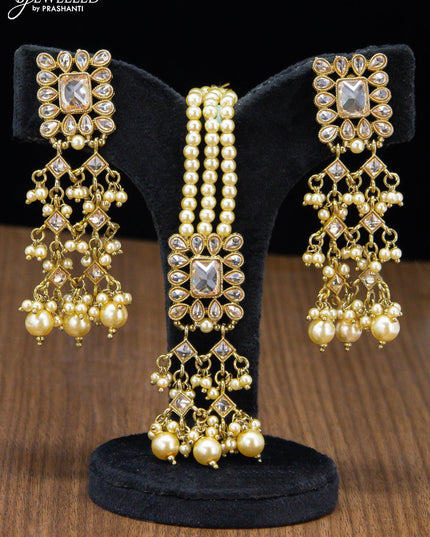Kundan necklace with pearl hangings and maang tikka - {{ collection.title }} by Prashanti Sarees