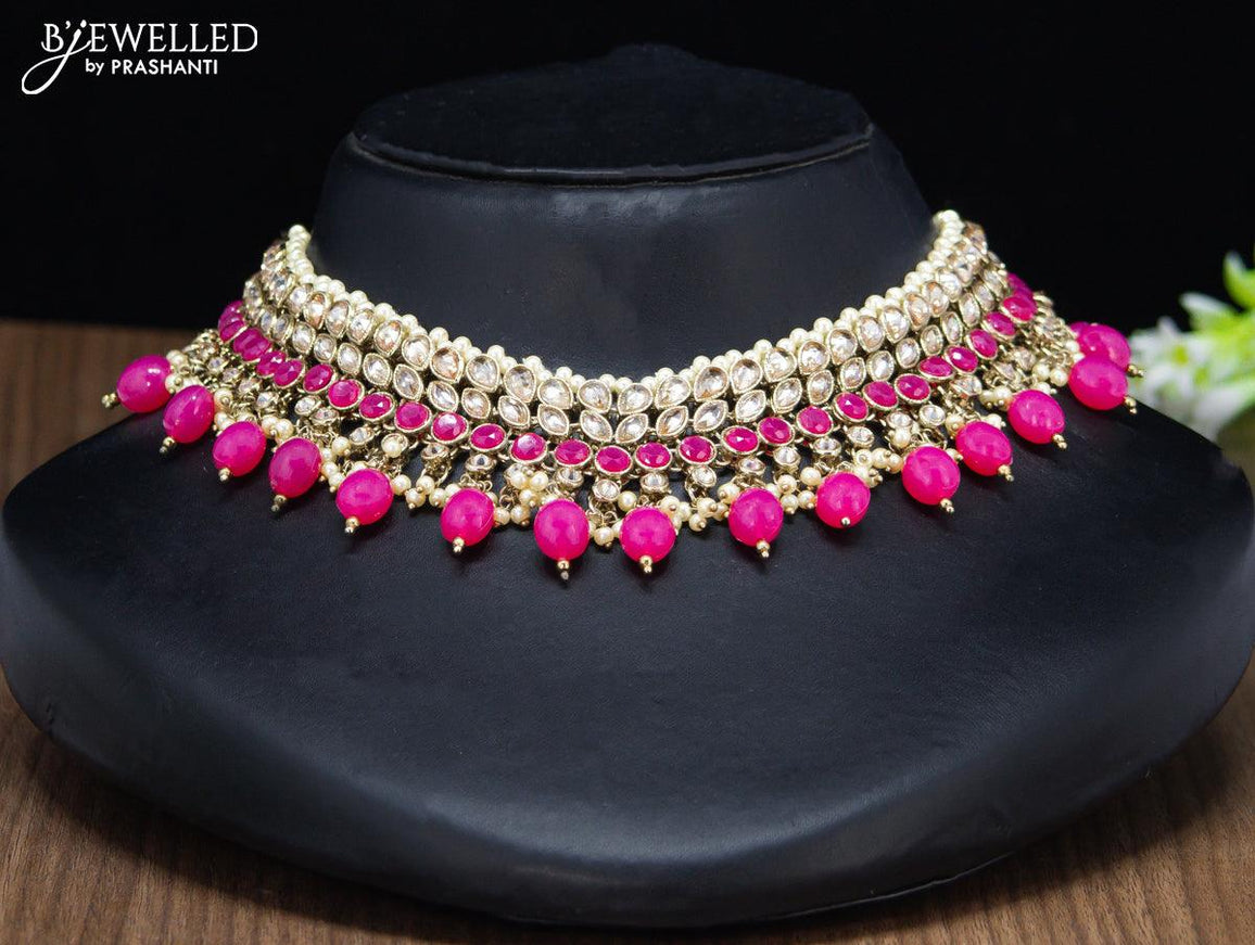Kundan necklace with pink beads and maang tikka - {{ collection.title }} by Prashanti Sarees