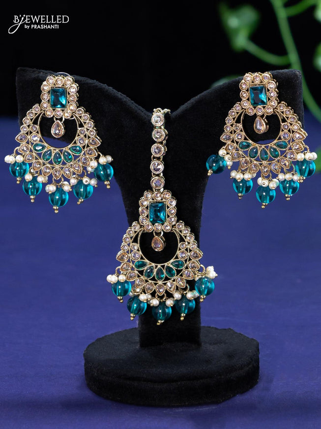 Kundan necklace with teal blue beads hangings and maang tikka - {{ collection.title }} by Prashanti Sarees