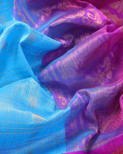 Kuppadam silk cotton saree blue and purple with allover zari checks & buttas and long rich zari woven border - {{ collection.title }} by Prashanti Sarees