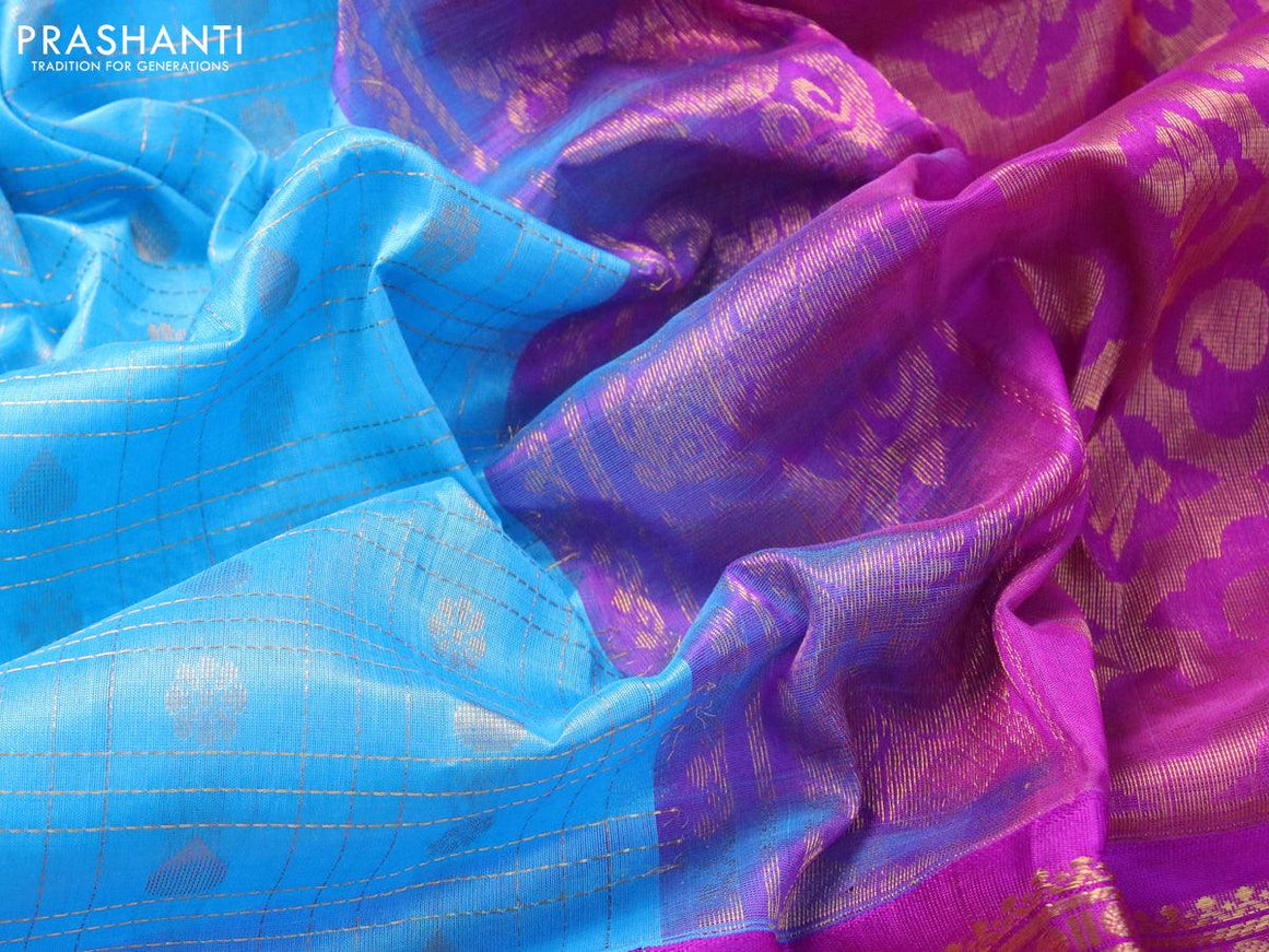 Kuppadam silk cotton saree blue and purple with allover zari checks & buttas and long rich zari woven border - {{ collection.title }} by Prashanti Sarees
