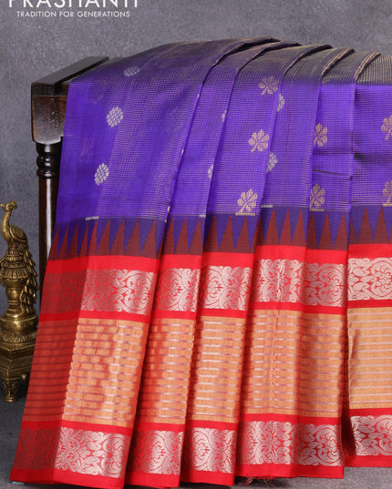 Kuppadam silk cotton saree blue and red with allover vairosi pattern & zari buttas and long temple design zari woven border - {{ collection.title }} by Prashanti Sarees
