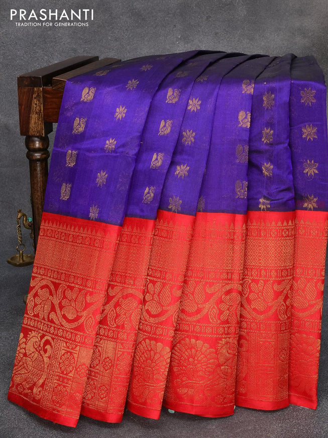 Kuppadam silk cotton saree blue and red with allover zari woven buttas and long zari woven annam border - {{ collection.title }} by Prashanti Sarees