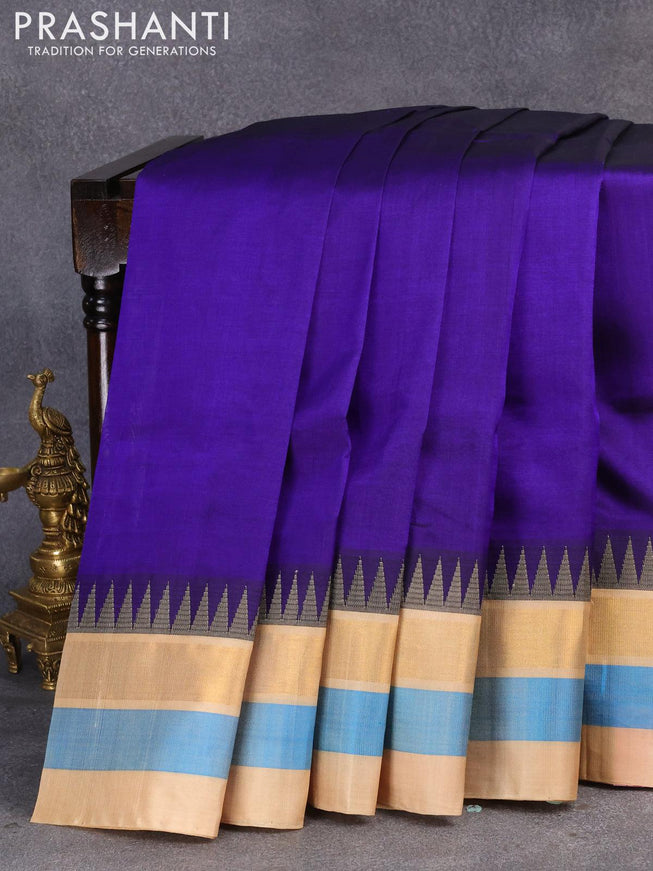 Kuppadam silk cotton saree blue and sandal with plain body and temple design zari woven simple border - {{ collection.title }} by Prashanti Sarees
