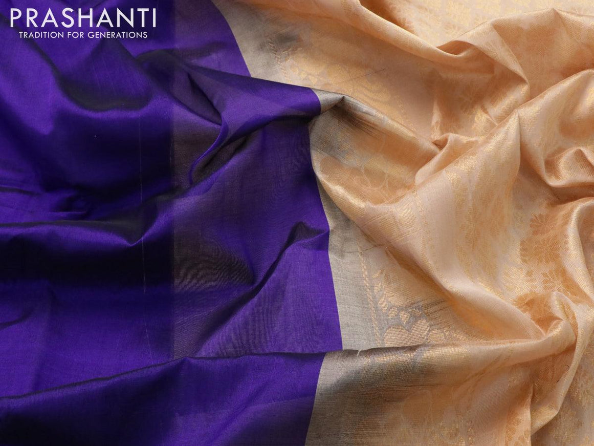 Kuppadam silk cotton saree blue and sandal with plain body and temple design zari woven simple border - {{ collection.title }} by Prashanti Sarees