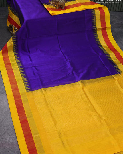 Kuppadam silk cotton saree blue and yellow with plain body and temple design zari woven simple border - {{ collection.title }} by Prashanti Sarees