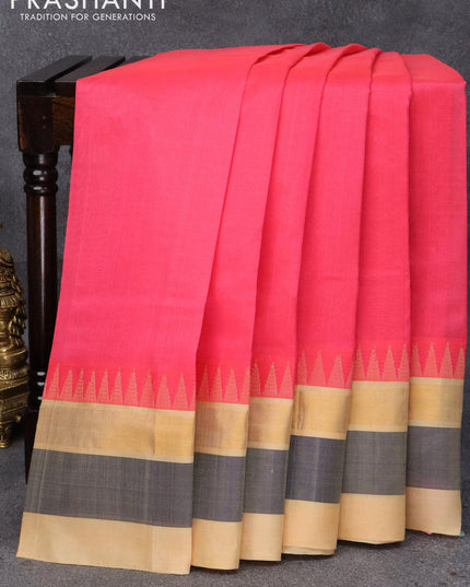 Kuppadam silk cotton saree candy pink and sandal with plain body and temple woven zari woven simple border - {{ collection.title }} by Prashanti Sarees