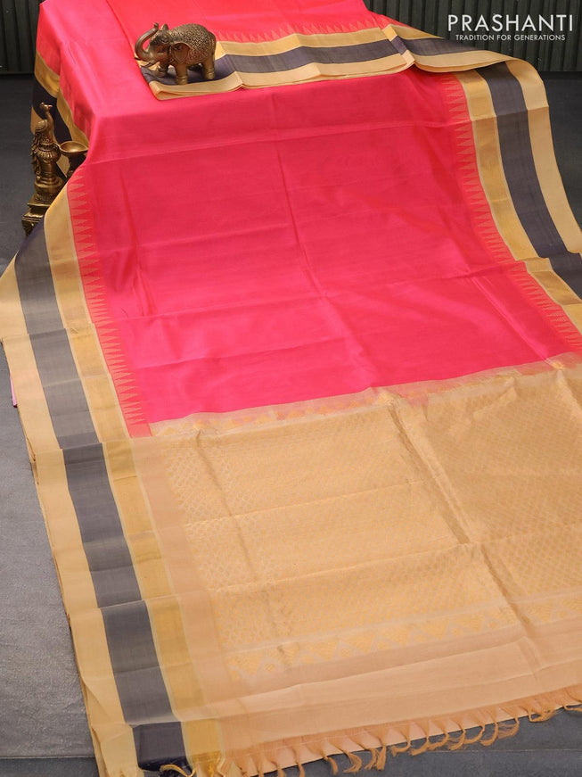 Kuppadam silk cotton saree candy pink and sandal with plain body and temple woven zari woven simple border - {{ collection.title }} by Prashanti Sarees