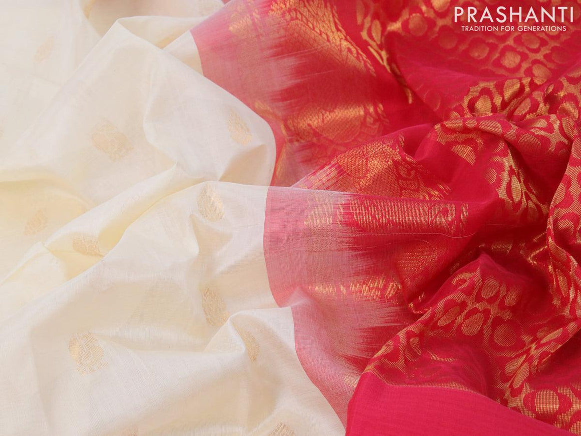 Kuppadam silk cotton saree cream and red with allover zari woven buttas and long temple design zari woven annam border - {{ collection.title }} by Prashanti Sarees
