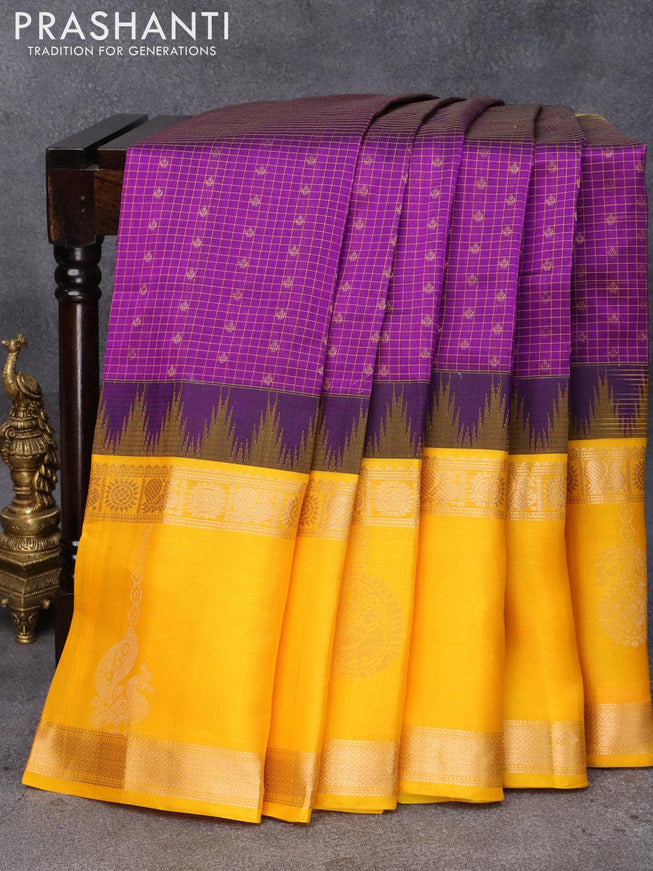 Kuppadam silk cotton saree deep purple and yellow with allover thread checks & zari buttas and long zari woven border - {{ collection.title }} by Prashanti Sarees