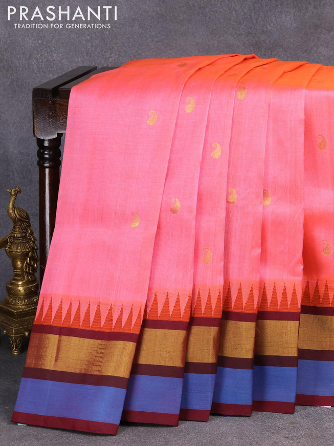 Kuppadam silk cotton saree dual shade of pink and deep maroon with paisley zari woven buttas and temple design zari woven simple border - {{ collection.title }} by Prashanti Sarees
