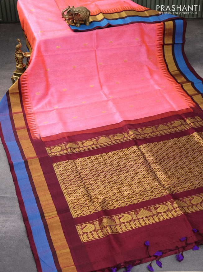 Kuppadam silk cotton saree dual shade of pink and deep maroon with paisley zari woven buttas and temple design zari woven simple border - {{ collection.title }} by Prashanti Sarees