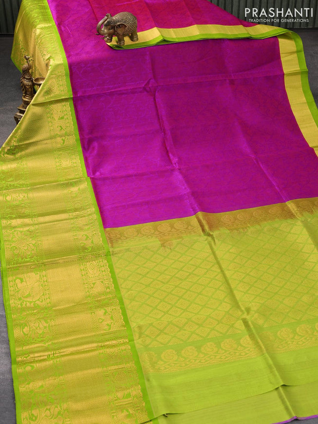 Kuppadam silk cotton saree dual shade of purple and light green with allover self emboss jaquard and long rich zari woven border - {{ collection.title }} by Prashanti Sarees