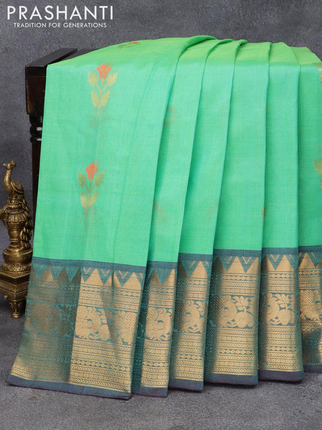 Kuppadam silk cotton saree dual shade of teal green and deep maroon with tthread & zari woven buttas and long zari woven annam border - {{ collection.title }} by Prashanti Sarees