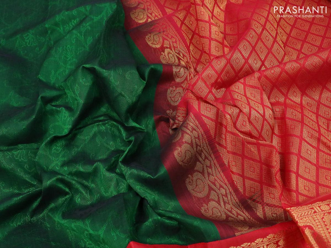 Kuppadam silk cotton saree green and red with allover self emboss jacquard and long zari woven border - {{ collection.title }} by Prashanti Sarees