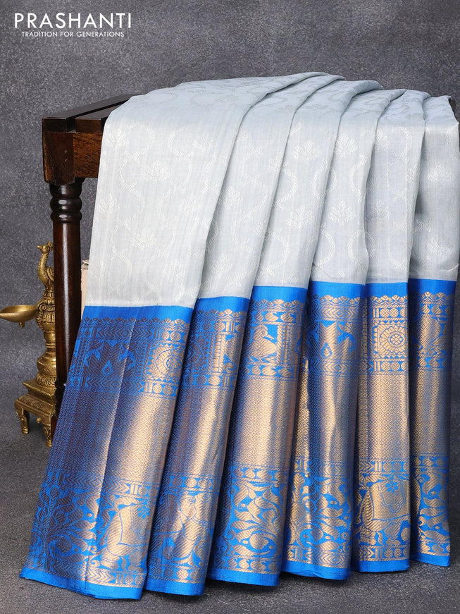 Kuppadam silk cotton saree grey and cs blue with allover self emboss jacquard and long rich zari woven border - {{ collection.title }} by Prashanti Sarees