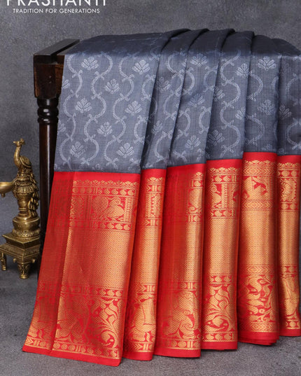 Kuppadam silk cotton saree grey and red with allover self emboss jacquard and long zari woven border - {{ collection.title }} by Prashanti Sarees