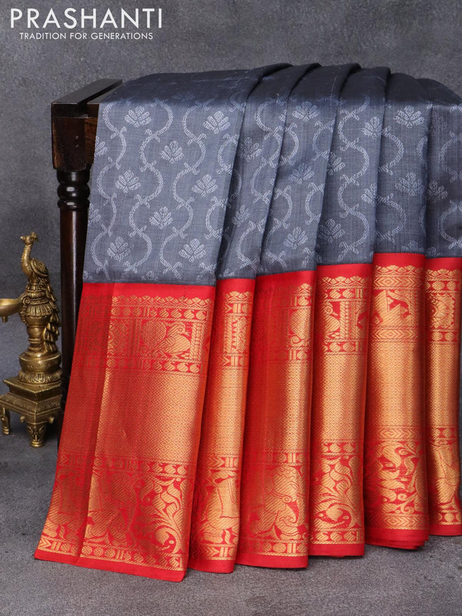 Kuppadam silk cotton saree grey and red with allover self emboss jacquard and long zari woven border - {{ collection.title }} by Prashanti Sarees