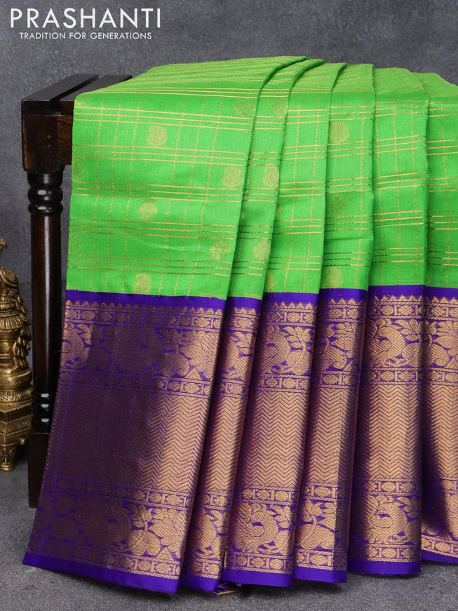 Kuppadam silk cotton saree light green and blue with allover zari checks & buttas and long zari woven border - {{ collection.title }} by Prashanti Sarees