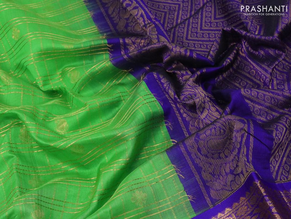 Kuppadam silk cotton saree light green and blue with allover zari checks & buttas and long zari woven border - {{ collection.title }} by Prashanti Sarees