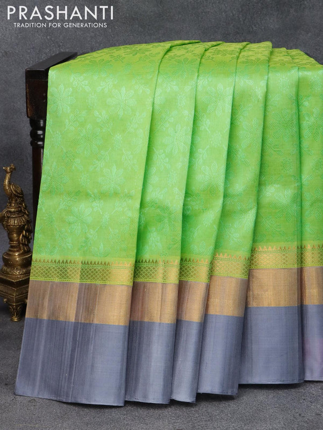 Kuppadam silk cotton saree light green and grey with allover self emboss jacquard and zari woven simple border - {{ collection.title }} by Prashanti Sarees