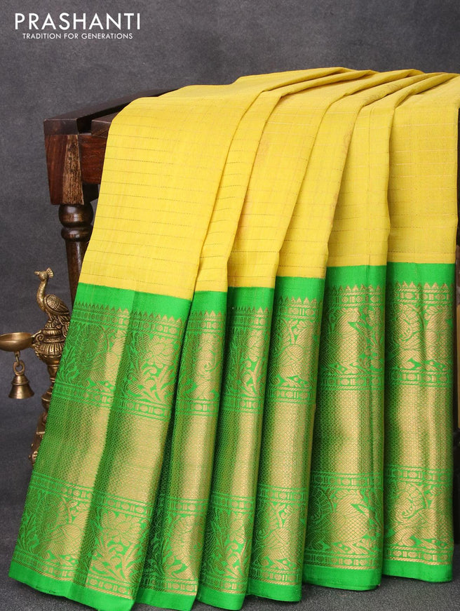 Kuppadam silk cotton saree lime yellow and light green with allover zari checks & buttas and long annam design zari woven border - {{ collection.title }} by Prashanti Sarees