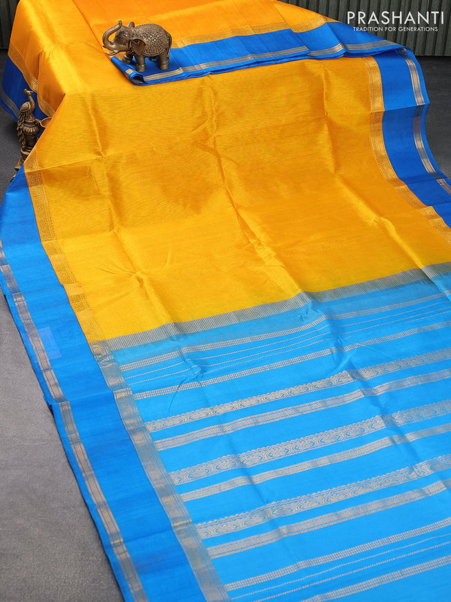 Kuppadam silk cotton saree mango yellow and cs blue with plain body and rettapet zari woven border - {{ collection.title }} by Prashanti Sarees