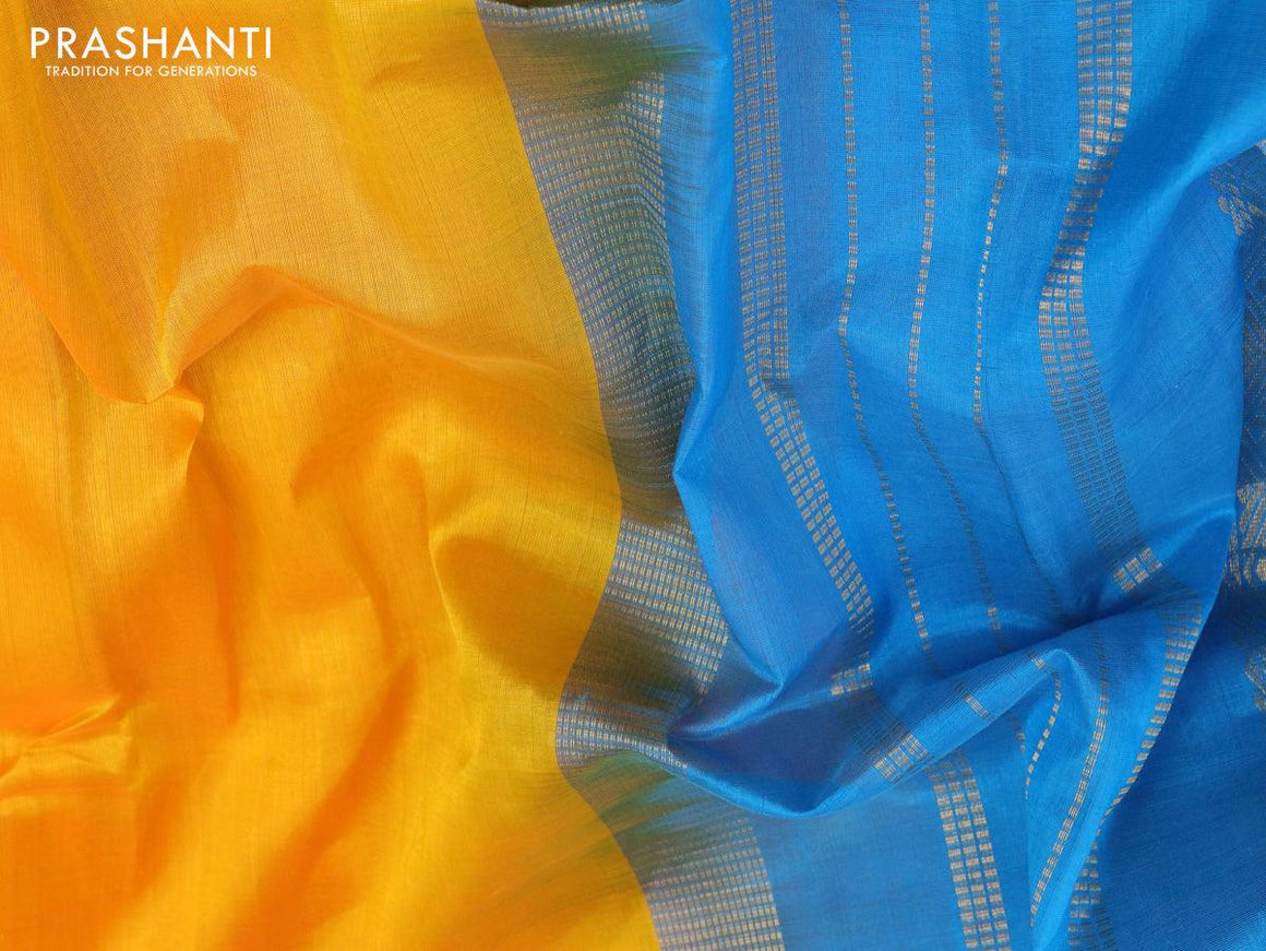 Kuppadam silk cotton saree mango yellow and cs blue with plain body and rettapet zari woven border - {{ collection.title }} by Prashanti Sarees