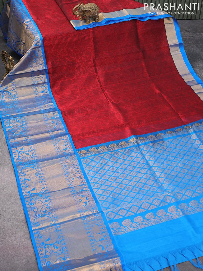 Kuppadam silk cotton saree maroon and cs blue with allover self emboss jacquard and long zari woven border - {{ collection.title }} by Prashanti Sarees