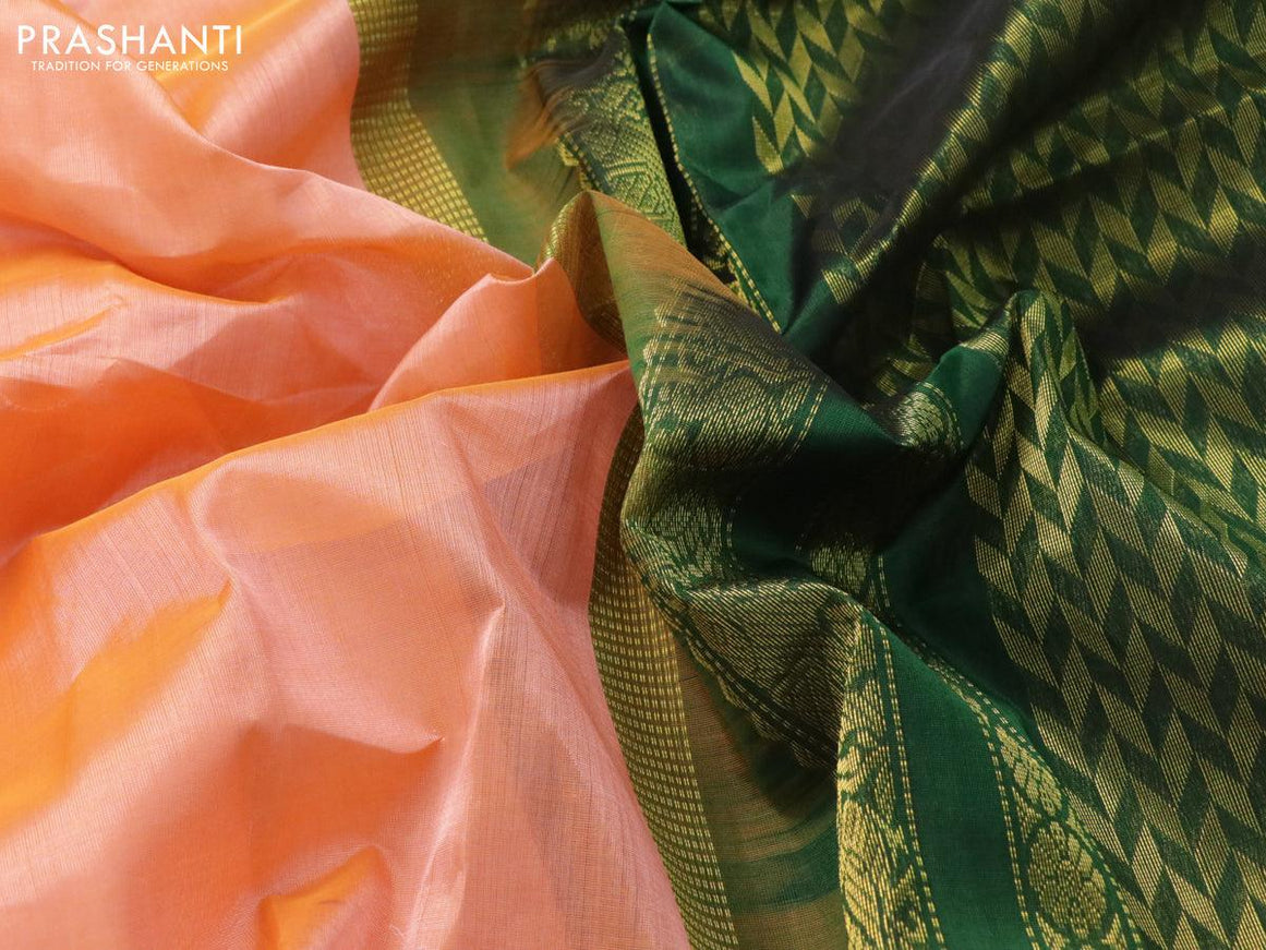 Kuppadam silk cotton saree mild peach orange and green with plain body and rich zari woven border - {{ collection.title }} by Prashanti Sarees