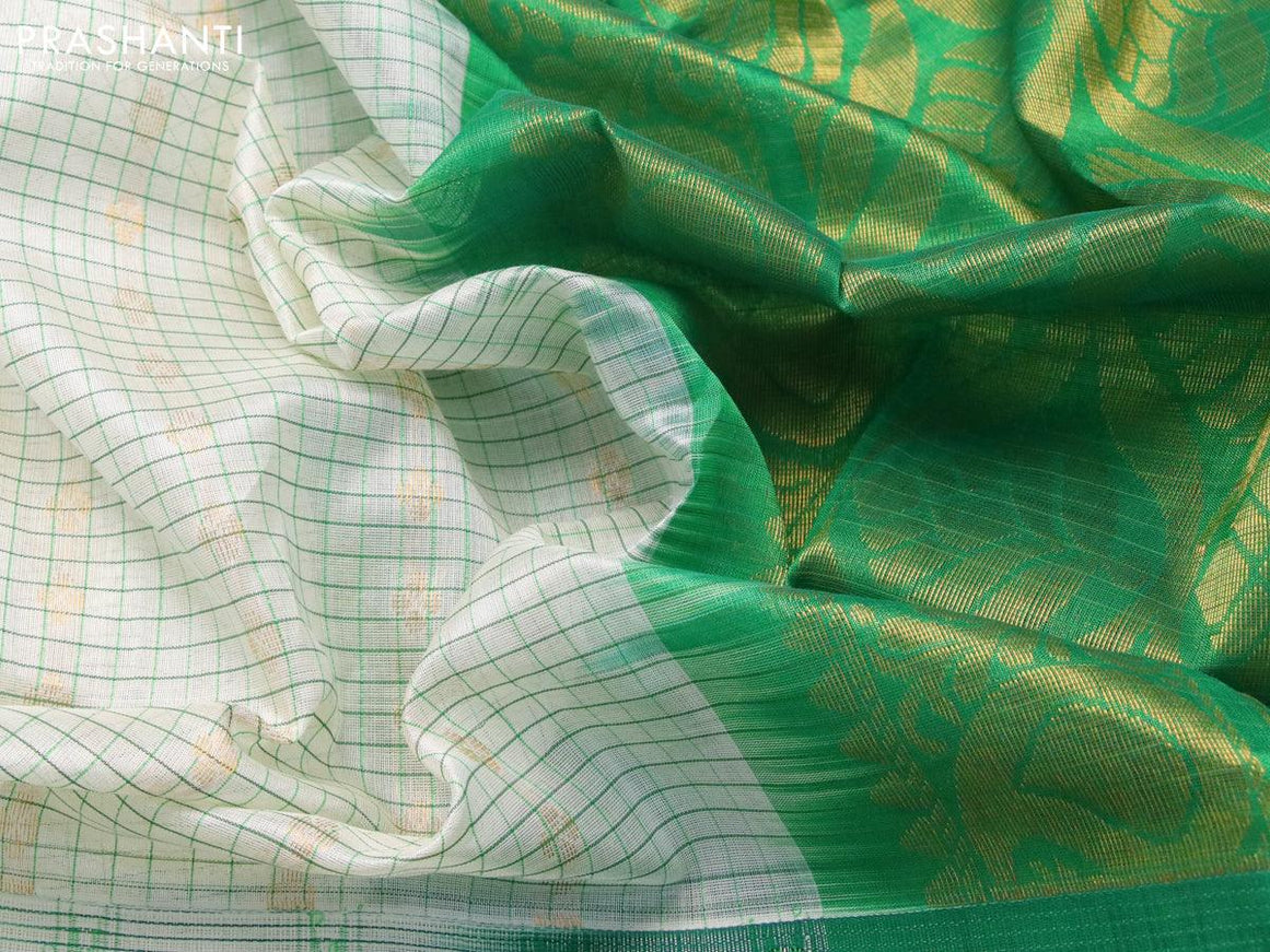 Kuppadam silk cotton saree off white and green with allover checked pattern & zari buttas and temple design rich zari woven border - {{ collection.title }} by Prashanti Sarees