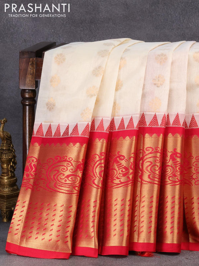Kuppadam silk cotton saree off white and pink with floral zari woven buttas and long temple design zari woven border - {{ collection.title }} by Prashanti Sarees