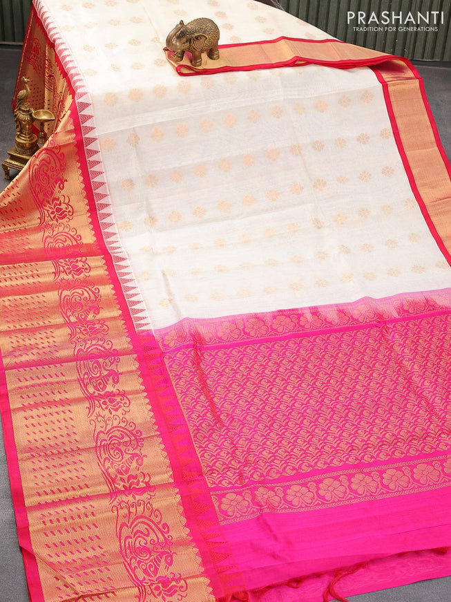 Kuppadam silk cotton saree off white and pink with floral zari woven buttas and long temple design zari woven border - {{ collection.title }} by Prashanti Sarees