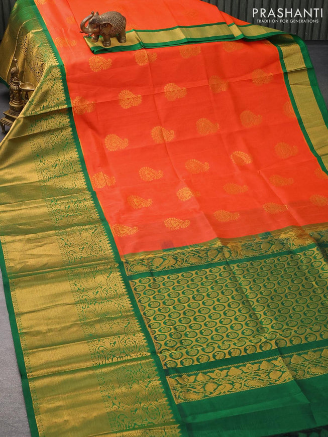 Kuppadam silk cotton saree orange and green with zari woven buttas and long zari woven annam border - {{ collection.title }} by Prashanti Sarees