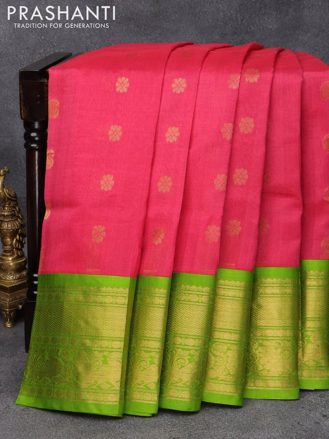 Kuppadam silk cotton saree pink and light green with paisley & floral zari woven buttas and long zari woven annam border - {{ collection.title }} by Prashanti Sarees