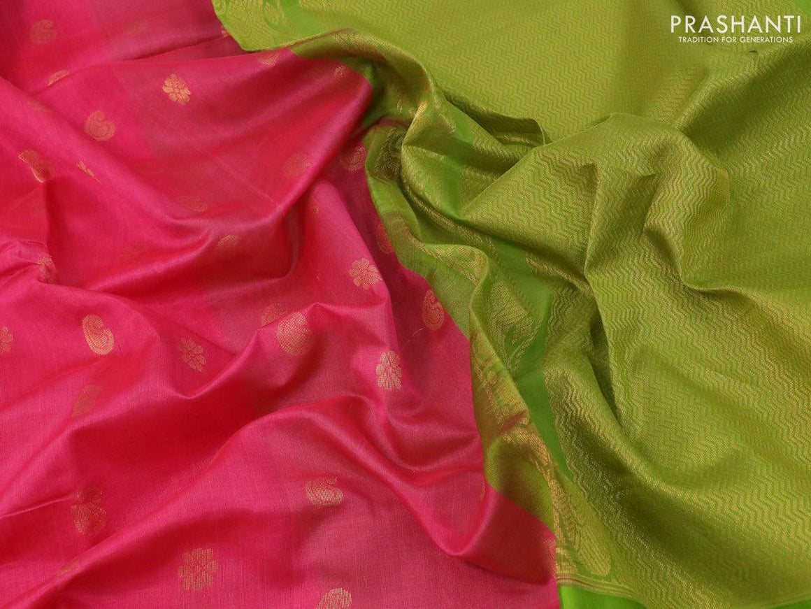 Kuppadam silk cotton saree pink and light green with paisley & floral zari woven buttas and long zari woven annam border - {{ collection.title }} by Prashanti Sarees