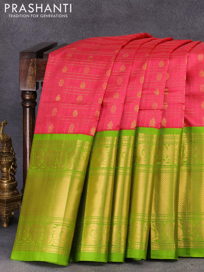 Kuppadam silk cotton saree pink shade and light green with allover zari checks & buttas and long rich zari woven border - {{ collection.title }} by Prashanti Sarees