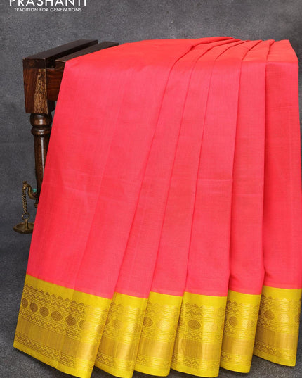 Kuppadam silk cotton saree pink shade and yellow with plain body and zari woven border - {{ collection.title }} by Prashanti Sarees
