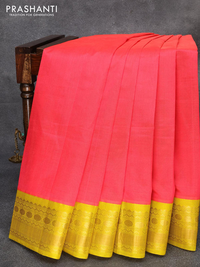 Kuppadam silk cotton saree pink shade and yellow with plain body and zari woven border - {{ collection.title }} by Prashanti Sarees