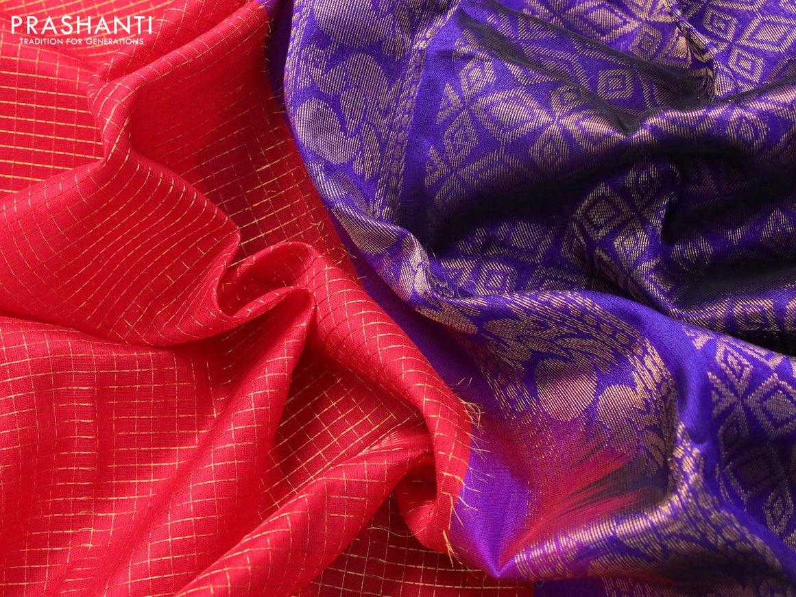Kuppadam silk cotton saree red and blue with allover zari checked pattern and long rich zari woven paithani border - {{ collection.title }} by Prashanti Sarees