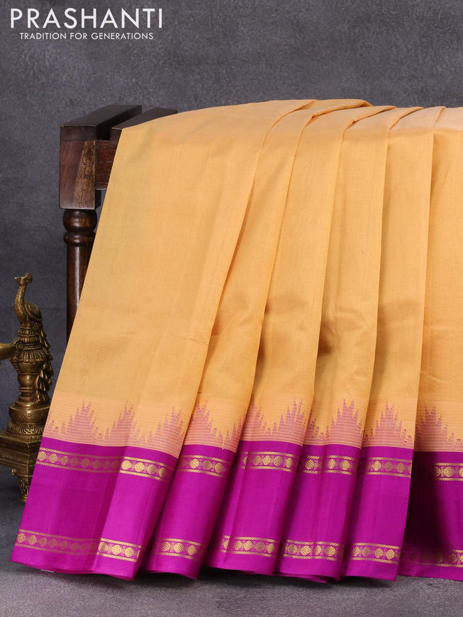 Kuppadam silk cotton saree sandal and purple with plain body and long temple design rettapet zari woven border - {{ collection.title }} by Prashanti Sarees