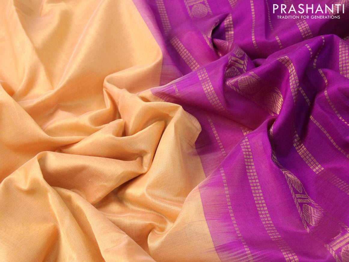 Kuppadam silk cotton saree sandal and purple with plain body and long temple design rettapet zari woven border - {{ collection.title }} by Prashanti Sarees