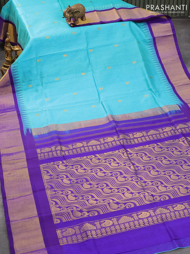 Kuppadam silk cotton saree teal blue and blue with paisley zari woven buttas and temple design zari woven border - {{ collection.title }} by Prashanti Sarees