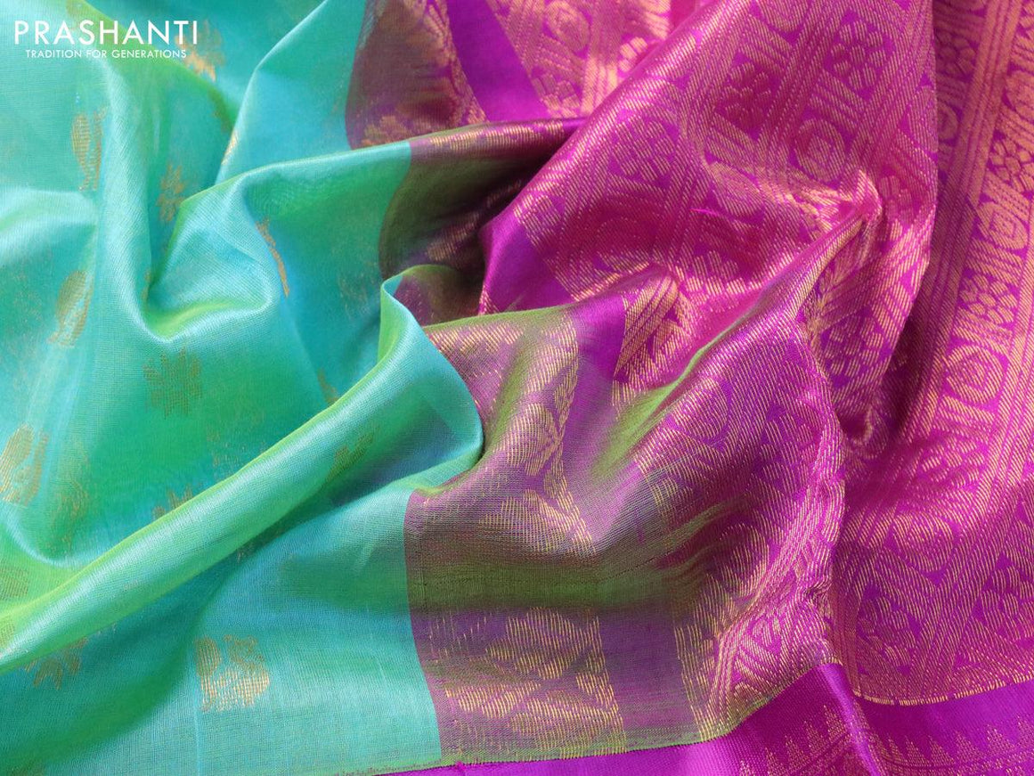 Kuppadam silk cotton saree teal blue and purple with zari woven buttas and long rich zari woven border - {{ collection.title }} by Prashanti Sarees