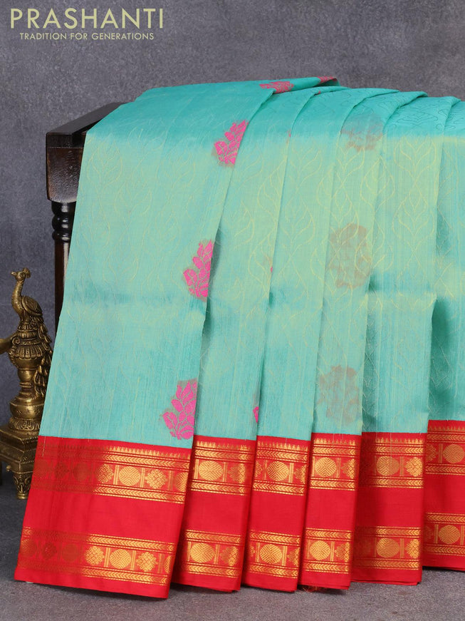 Kuppadam silk cotton saree teal green shade and red with allover self emboss jacquard & zari buttas and rich rettapet zari woven border - {{ collection.title }} by Prashanti Sarees