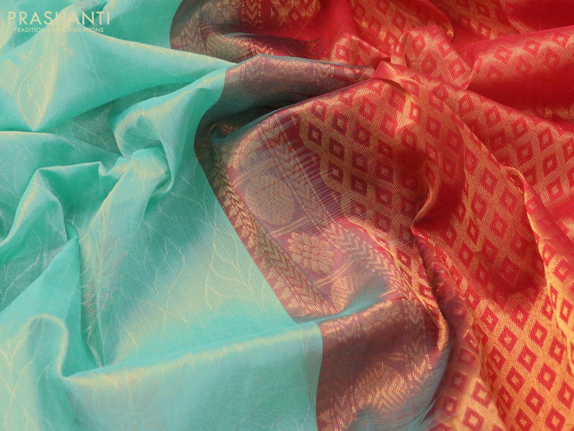 Kuppadam silk cotton saree teal green shade and red with allover self emboss jacquard & zari buttas and rich rettapet zari woven border - {{ collection.title }} by Prashanti Sarees