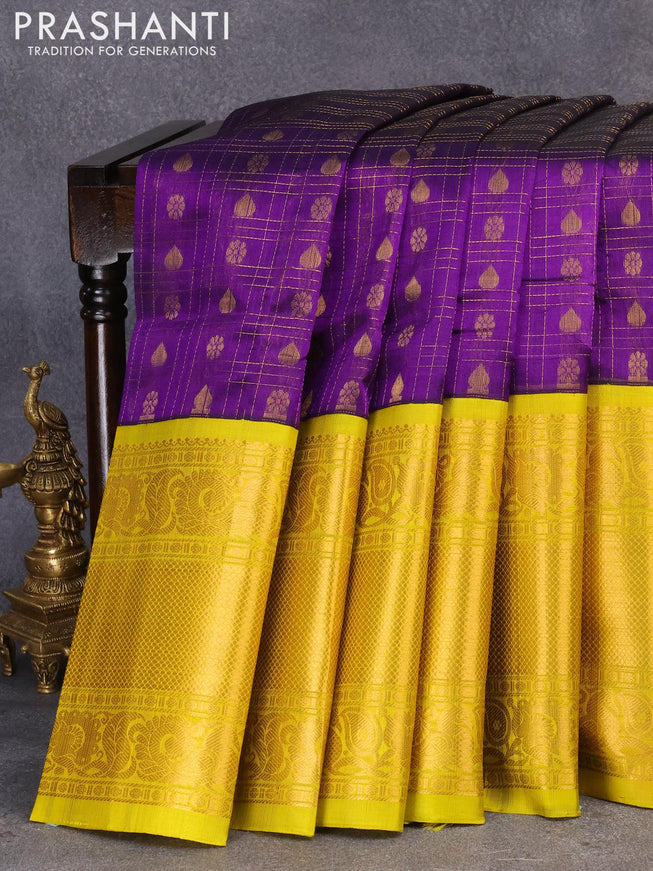 Kuppadam silk cotton saree violet and yellow with allover zari checks & buttas and long rich zari woven border - {{ collection.title }} by Prashanti Sarees