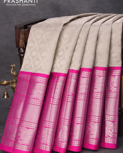 Kuppadam tissue silk cotton saree grey and pink with allover silver zari weaves and long rich silver zari woven border - {{ collection.title }} by Prashanti Sarees