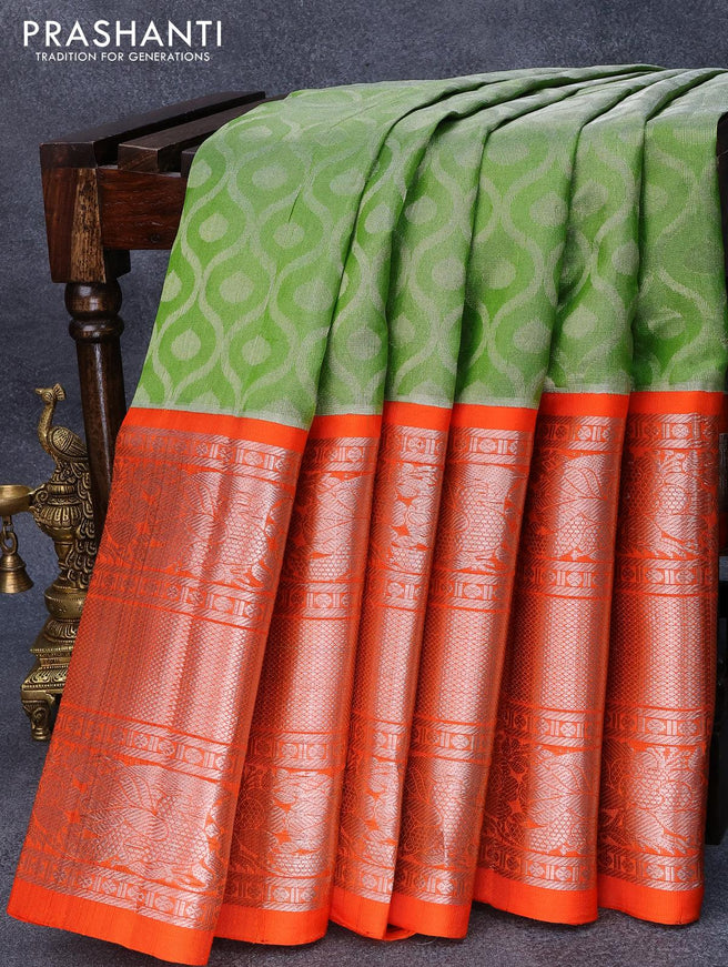 Kuppadam tissue silk cotton saree light green and orange with allover silver zari weaves and long rich silver zari woven border - {{ collection.title }} by Prashanti Sarees